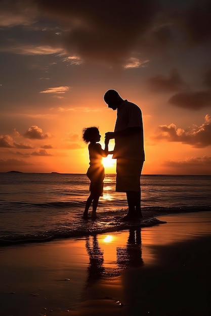 Un padre e una figlia stanno sulla spiaggia al tramonto