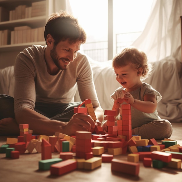 un padre gioca con suo figlio e con i blocchi che sta giocando