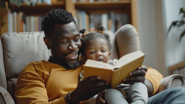 Un padre gioioso che legge un libro al suo bambino in un ambiente domestico accogliente