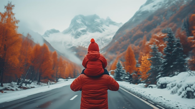 Un padre gioioso che porta il figlio sulle spalle su una strada innevata