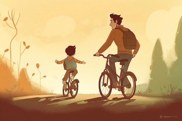 Un padre insegna a suo figlio come andare in bicicletta e trascorrere del tempo insieme Illustrazione grafica della festa del papà Generative ai