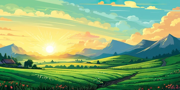 Un paesaggio a fumetti con un campo verde e montagne Generativo AI
