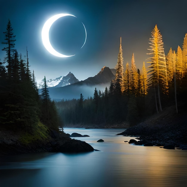 Un paesaggio al chiaro di luna con montagne, un fiume e una luna