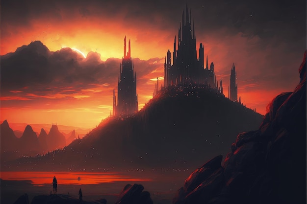 Un paesaggio al tramonto mostra un castello di presagio che si profila all'orizzonte Concetto di fantasia Pittura illustrativa IA generativa