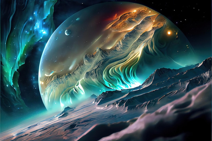 Un paesaggio alieno colorato astratta deserta Pianeti alieni durante l'alba