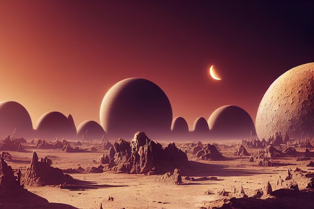 un paesaggio alieno con montagne e pianeti sullo sfondo illustrazione di arte digitale