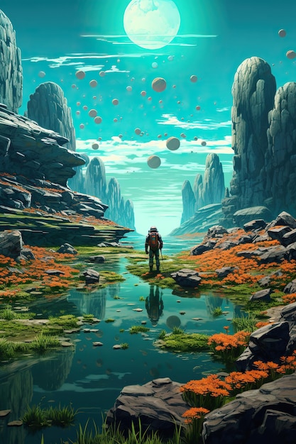 Un paesaggio alieno con rocce e piante galleggianti con un singolo astronauta che esplora la scena