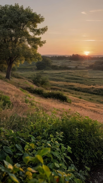 un paesaggio all'alba di un campo con alberi