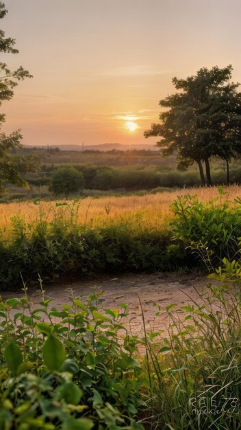 un paesaggio all'alba di un campo con alberi