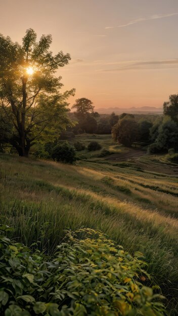 un paesaggio all'alba di un campo con alberi