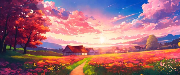 Un paesaggio anime di campagna sereno con un sentiero e case in un campo con fiori al tramonto