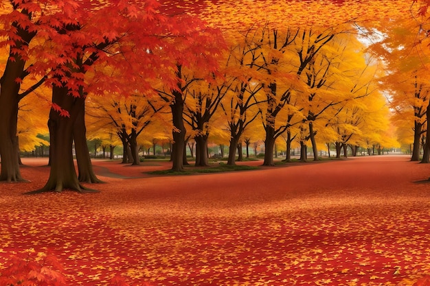 Un paesaggio autunnale colorato con foglie che cadono dagli alberi e un tappeto vibrante generato ai