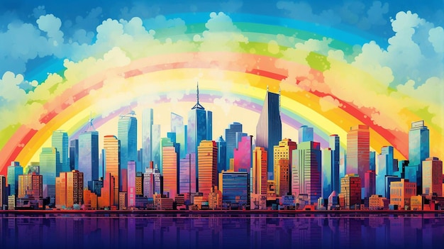 un paesaggio cittadino colorato con un arcobaleno sullo sfondo.