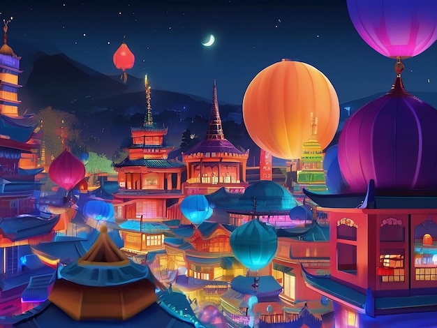 Un paesaggio cittadino colorato di notte che celebra la festa tradizionale con l'architettura