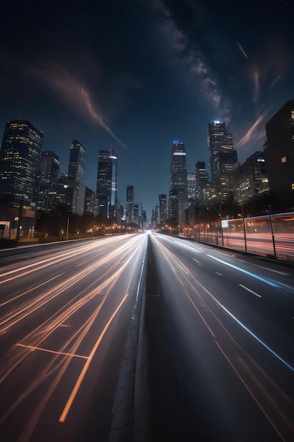 Un paesaggio cittadino con una vista dello skyline di notte