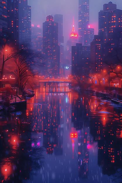 Un paesaggio cittadino di notte con grattacieli illuminati che si riflettono in un fiume calmo generato dall'AI