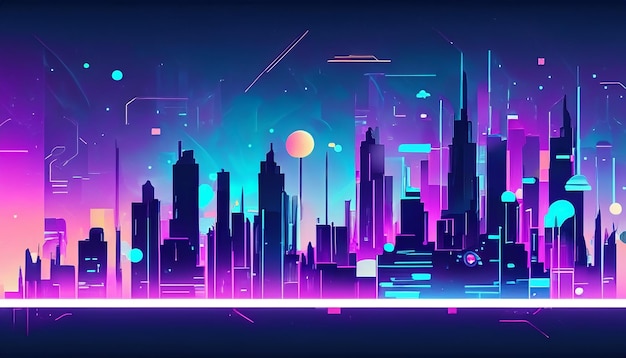 Un paesaggio cittadino in neon futuristico con bagliore al neon e sfondo di grattacieli