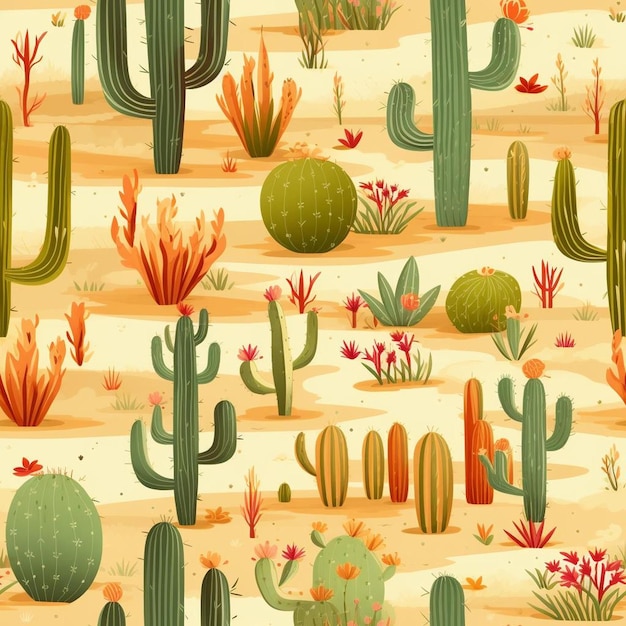 Un paesaggio colorato con cactus, cactus e cactus.