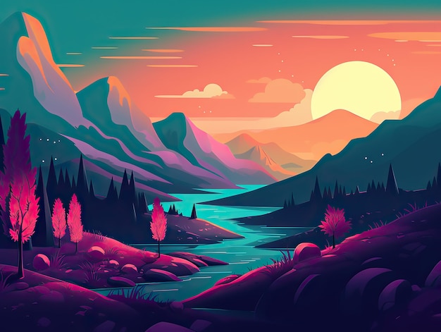 Un paesaggio colorato con montagne e un fiume all'aperto esplora l'illustrazione di viaggio