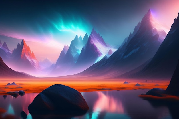 Un paesaggio colorato con montagne e un lago con un cielo viola e una luna viola.