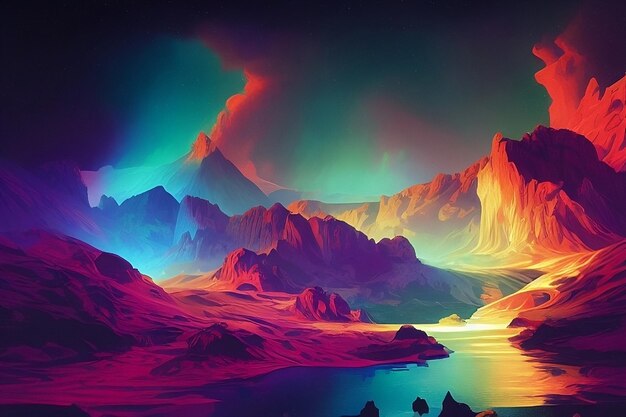Un paesaggio colorato con montagne e un lago sullo sfondo