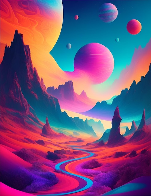 Un paesaggio colorato con pianeti e montagne sullo sfondo.