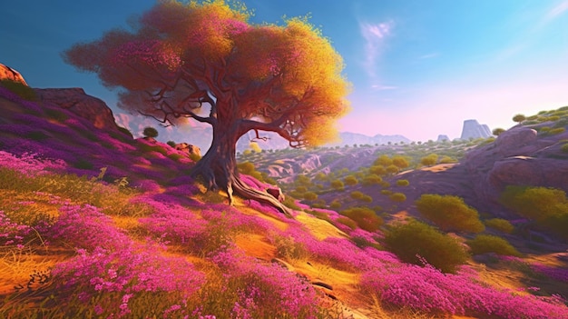 Un paesaggio colorato con un albero in primo piano e fiori rosa.