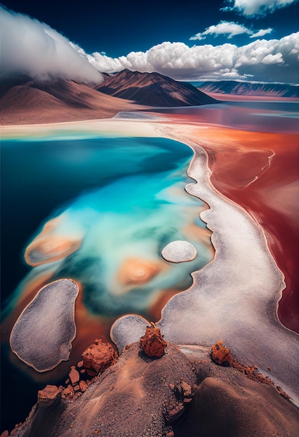 Un paesaggio colorato con un lago e montagne sullo sfondo.