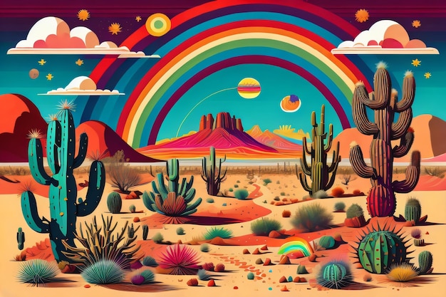 Un paesaggio colorato, un deserto, un arcobaleno, un mondo immaginario.