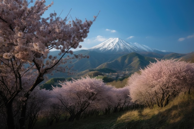 Un paesaggio con alberi di ciliegio e una montagna sullo sfondo