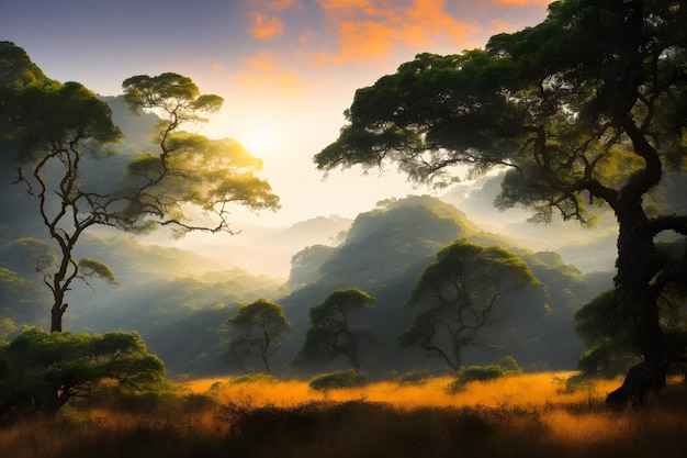 Un paesaggio con alberi e un tramonto sullo sfondo