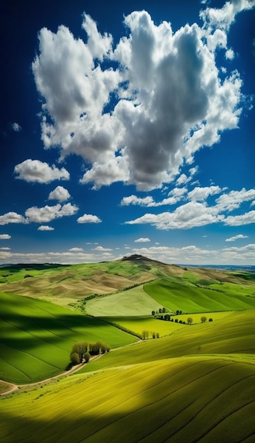 Un paesaggio con colline e un cielo azzurro con nuvole