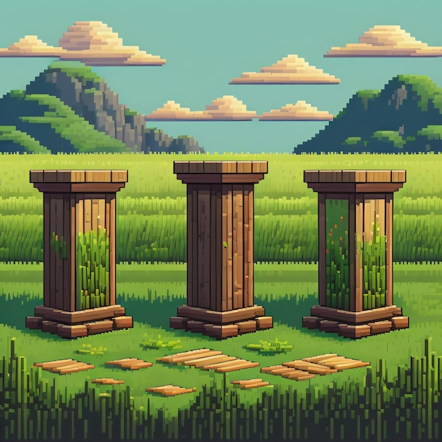 Un paesaggio con colonne e montagne sullo sfondo