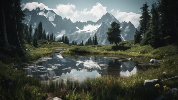 Un paesaggio con le montagne sullo sfondo