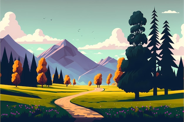Un paesaggio con montagne e alberi con un tramonto sullo sfondo