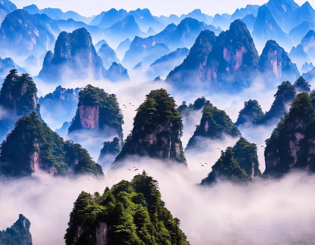 Un paesaggio con montagne e alberi nella nebbia