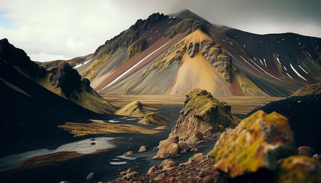 Un paesaggio con montagne e un arcobaleno.