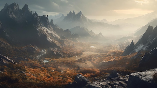 Un paesaggio con montagne e un fiume in primo piano