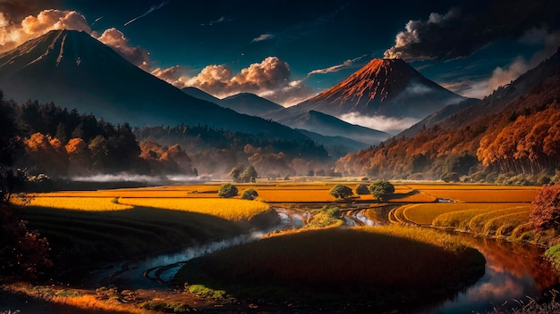 Un paesaggio con montagne e un fiume in primo piano