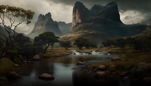 Un paesaggio con montagne e un lago con un albero sul lato sinistro