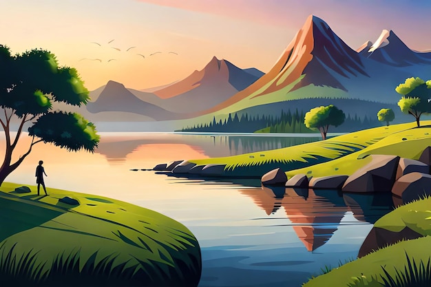 Un paesaggio con montagne e un lago con un lago e un albero sulla riva.