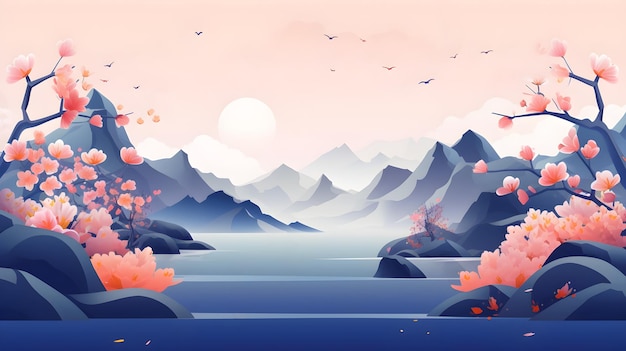 Un paesaggio con montagne e un lago e un cielo rosa