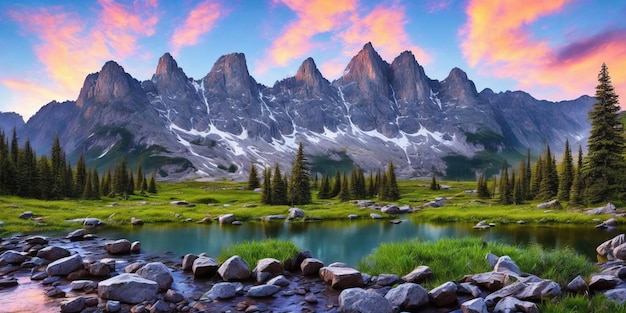 Un paesaggio con montagne e un lago in primo piano.