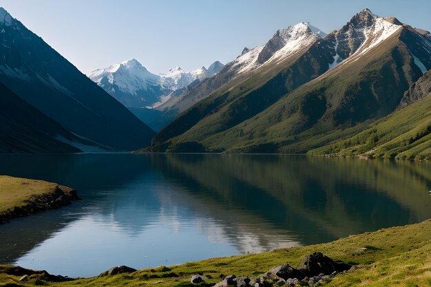 un paesaggio con montagne e un lago