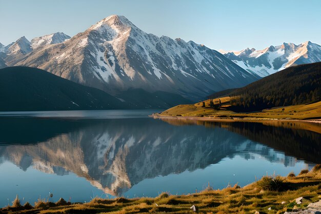 un paesaggio con montagne e un lago