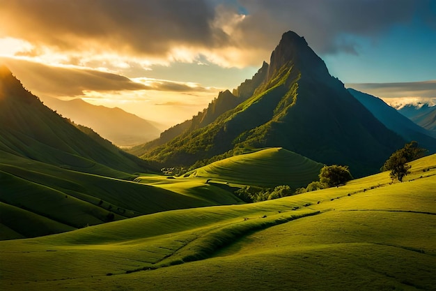 Un paesaggio con montagne e un tramonto