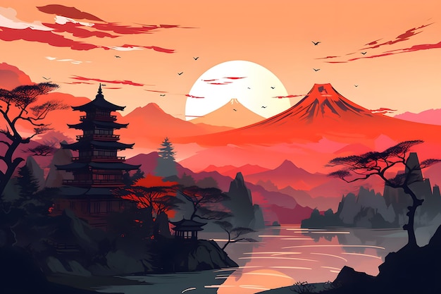 Un paesaggio con montagne e una pagoda all'orizzonte