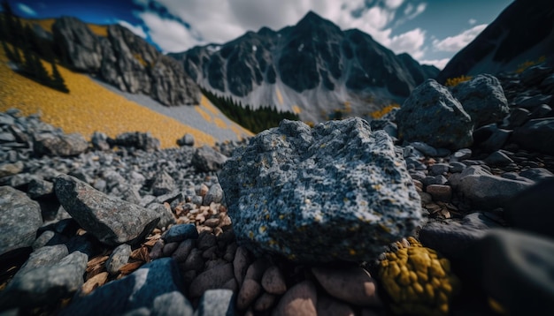 Un paesaggio con rocce e una montagna sullo sfondo