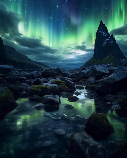 Un paesaggio con sopra l'aurora boreale