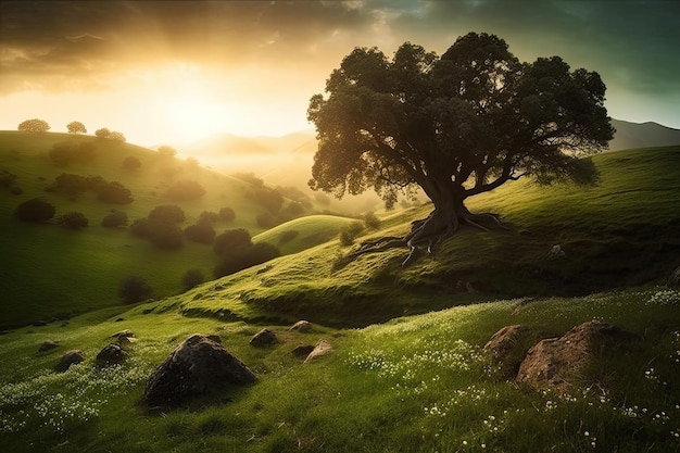 Un paesaggio con un albero su una collina con il sole che tramonta dietro di esso.